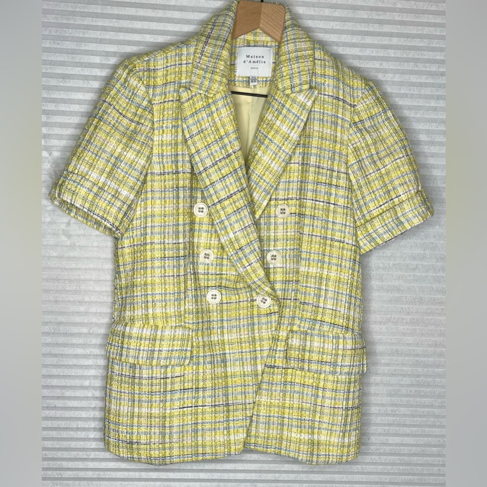 Maison d’Amelie Tweed Plaid Double Breasted Short Sleeve Blazer Size XS Academia